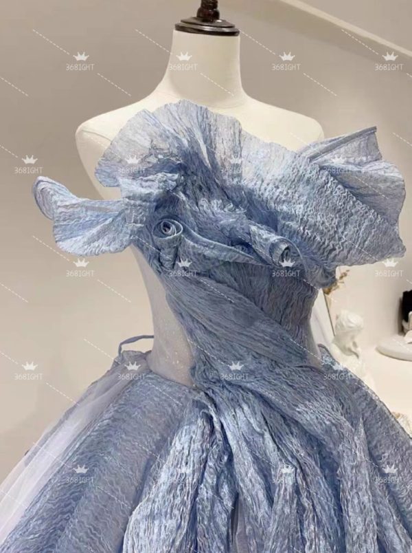法式抹胸齊地藍色晚禮服French tube top floor-length blue evening dress - Image 4