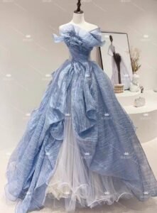 法式抹胸齊地藍色晚禮服French tube top floor-length blue evening dress