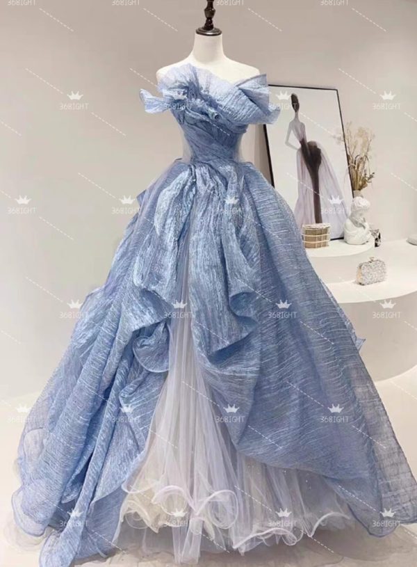 法式抹胸齊地藍色晚禮服French tube top floor-length blue evening dress