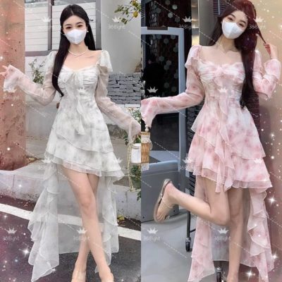 法式小公主風碎花A字飄逸魚尾裙French little princess style floral A-line flowing fishtail skirt