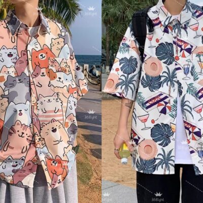 印花貓咪/草帽對開襯衫Printed cat/straw hat folio shirt