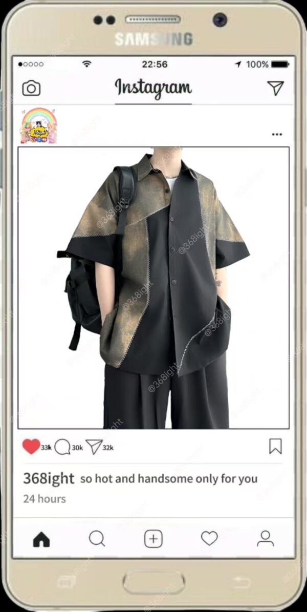 日系拼接風撞色潮男短袖衫 - Image 2